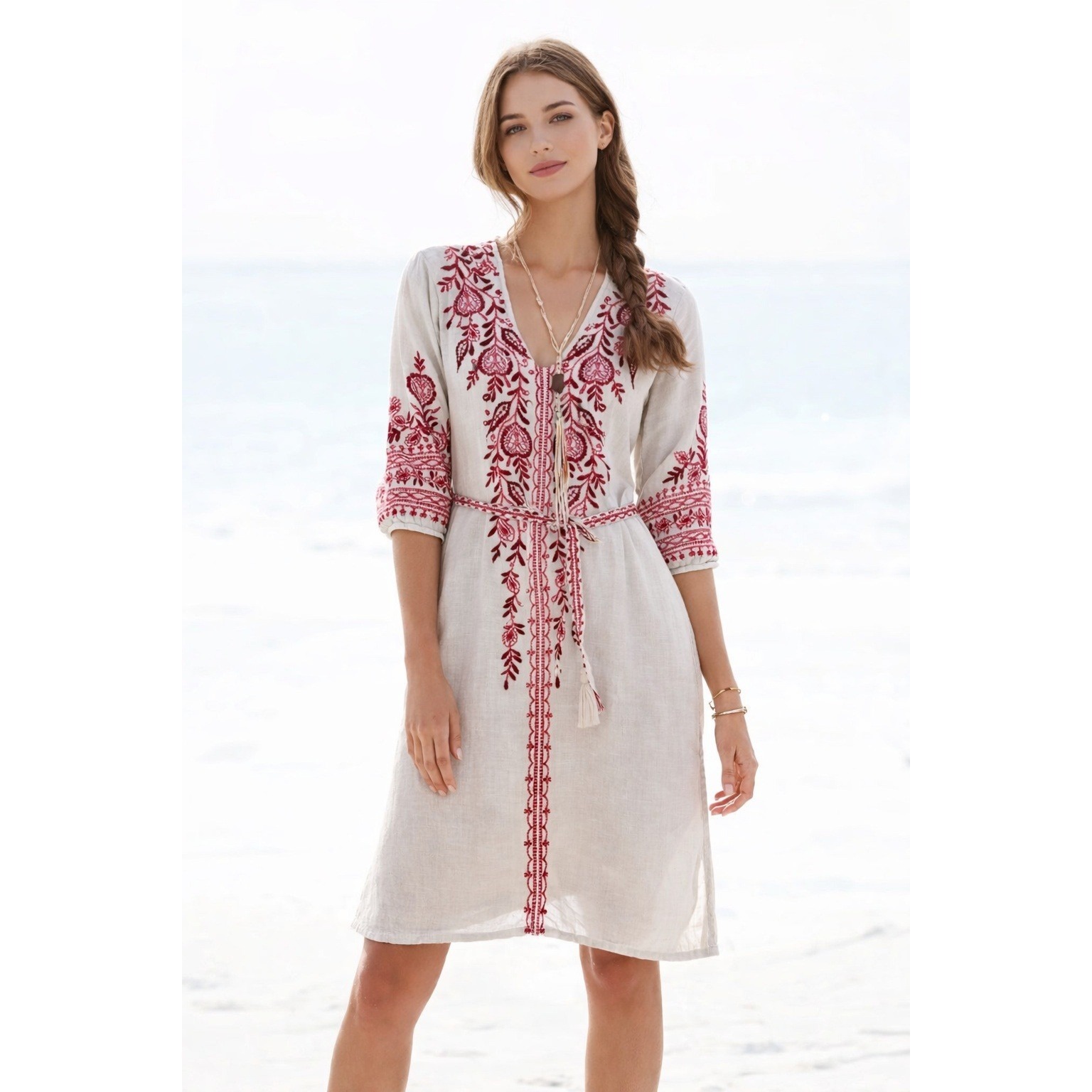 Johnny Was 100% Linen Djellaba Kaftan Dress Gray Red Embroidered Boho M